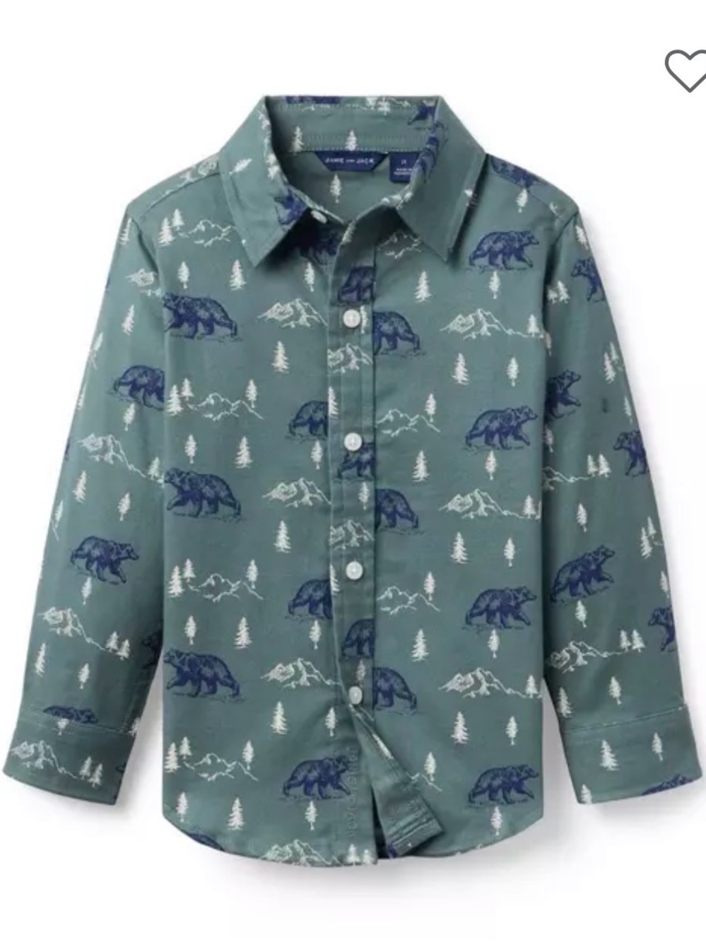 Janie and Jack Green Button-Down Shirt with Navy Bear Print cotton twill